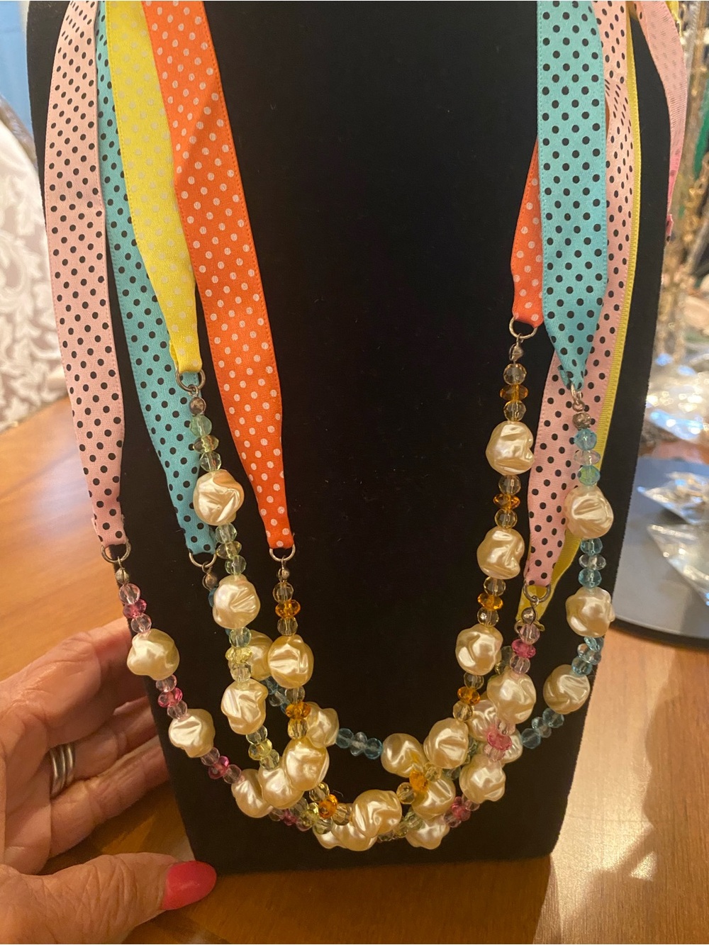 Colorful Polka Dot Ribbon & Faux Pearl Layered Necklace - Multicolor Total of 4